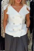 Women's Collar Double Breasted Top or Casual Solid Color Lantern Pants