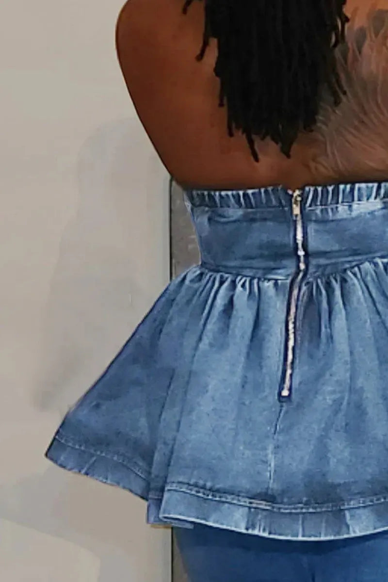 Ladies' Casual Denim Ruffled Strapless Top