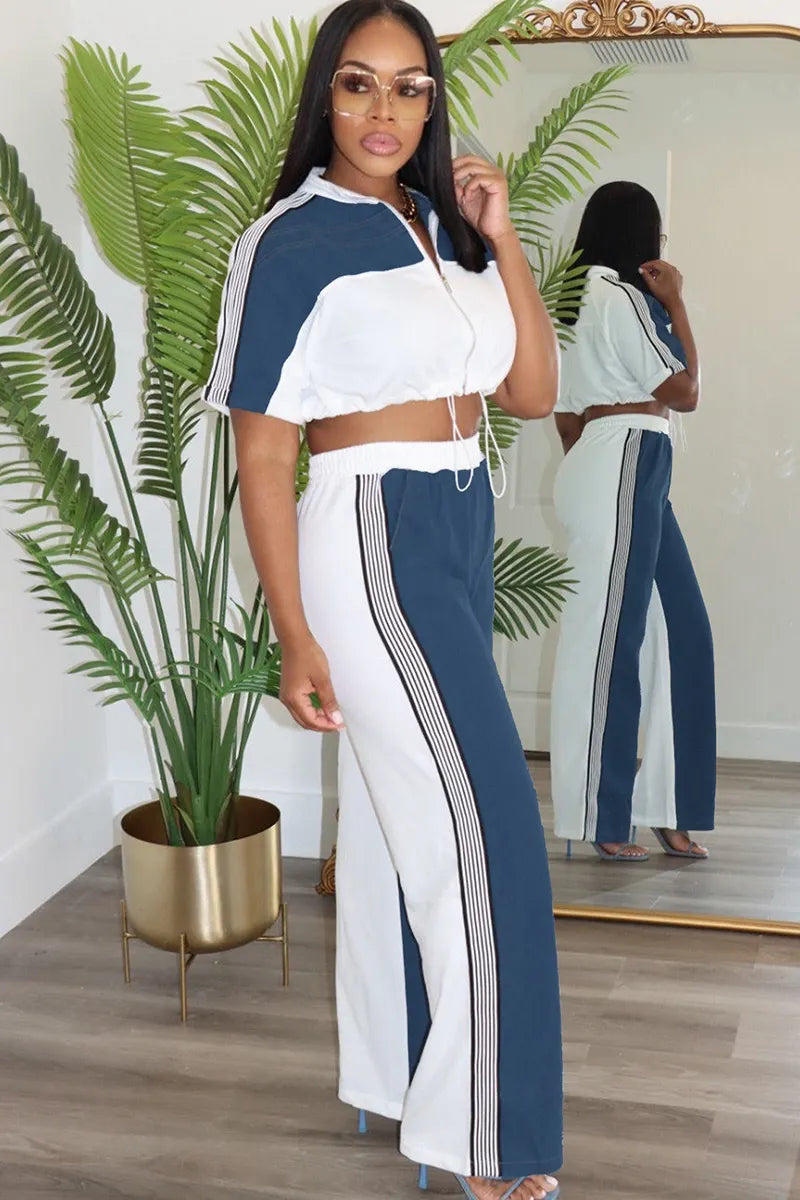 Women's Denim Patchwork Stand Collar Top & Color Block Pants Set