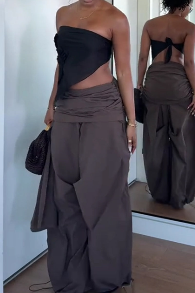 Women's Loose Fit Wide Leg Trousers With Waist Tie