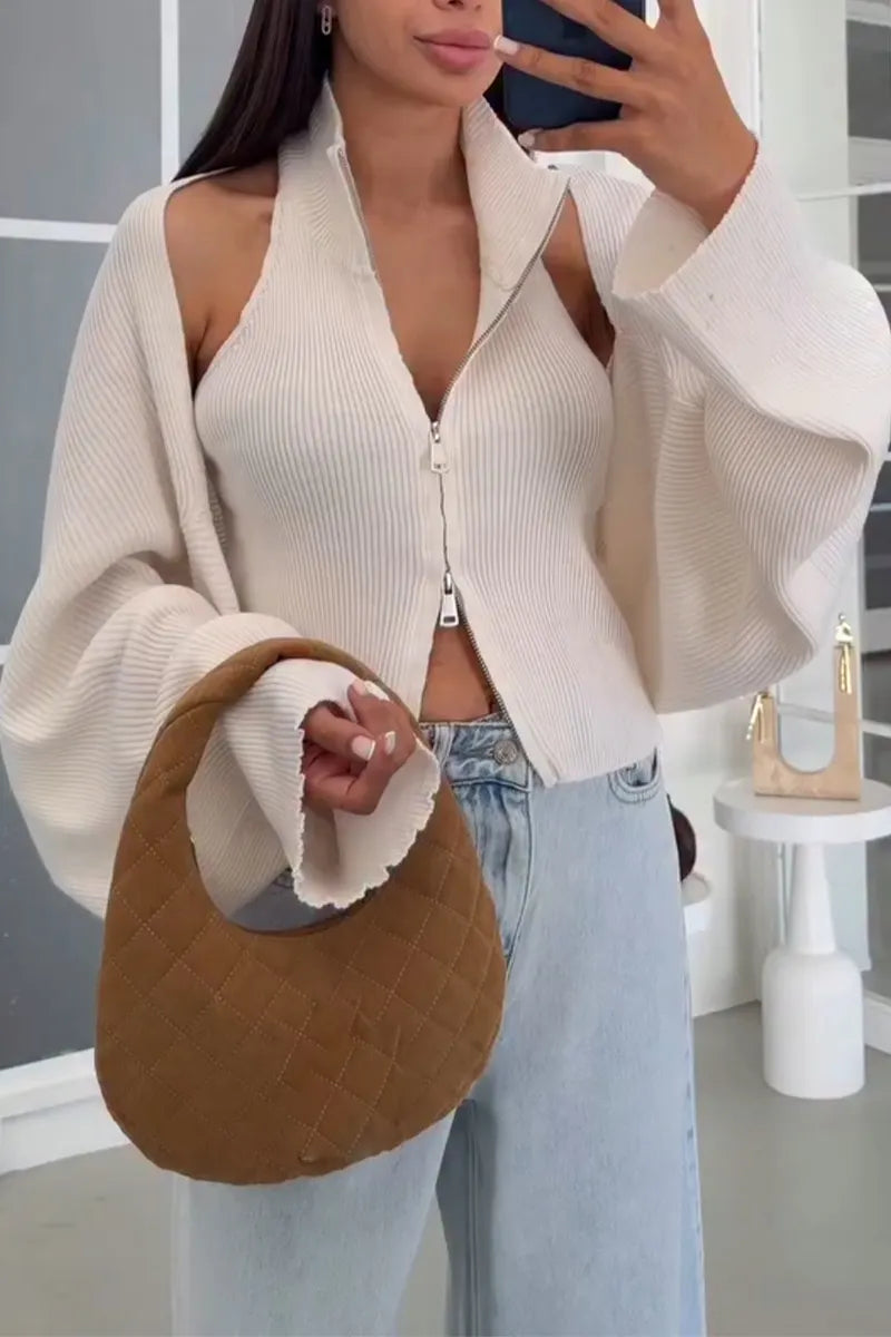 Women's Neck Zip Knit Vest+ Cardigan Casual Top Two-piece Set