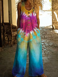 Women's Retro Heart Colorful Tie-Dye Art Print Sleeveless Washed Cotton Denim Jumpsuit