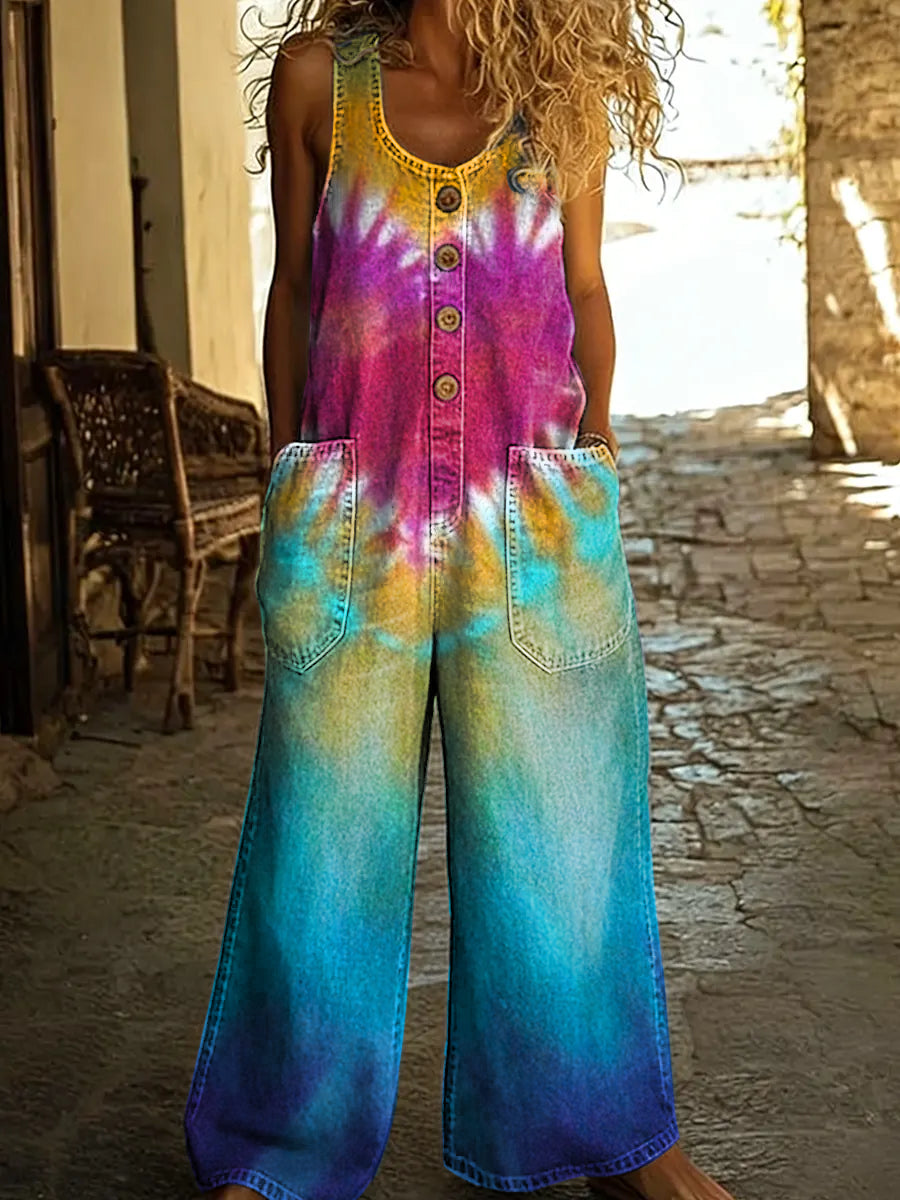 Women's Retro Heart Colorful Tie-Dye Art Print Sleeveless Washed Cotton Denim Jumpsuit