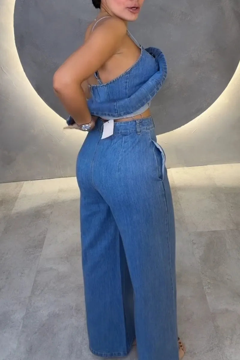 Women's Fashion V-Neck Fitted Denim Vest & Jeans