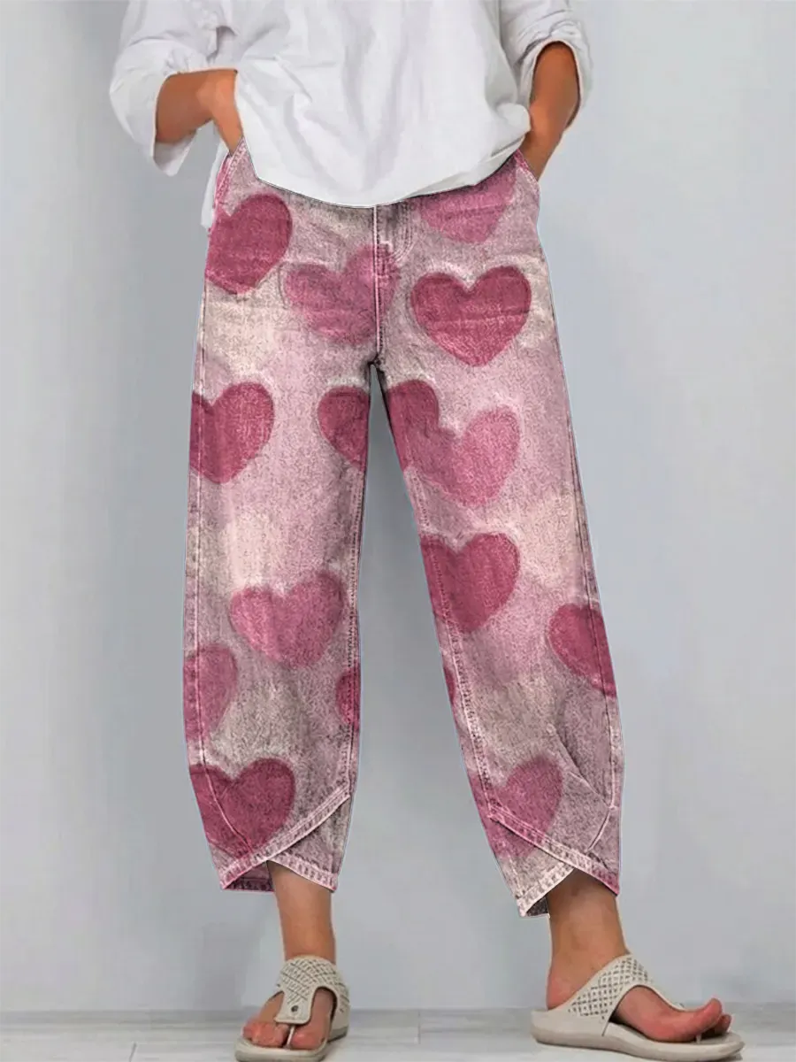 Women's Love Pattern Art Print Casual Cotton Denim Pants