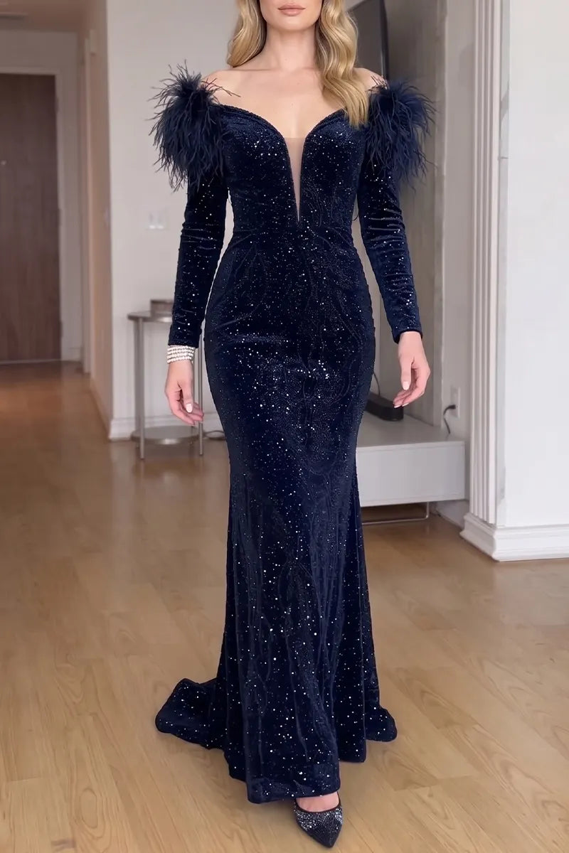 Women's Elegant Velvet Sequin Mermaid Evening Gown Off Shoulder Feather Trim Long Sleeve Deep V Neck Formal Gala Maxi Dress