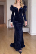 Women's Elegant Velvet Sequin Mermaid Evening Gown Off Shoulder Feather Trim Long Sleeve Deep V Neck Formal Gala Maxi Dress