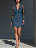 Women's Casual Loose Denim-paneled Dress With Lapel Collar And Long Sleeves