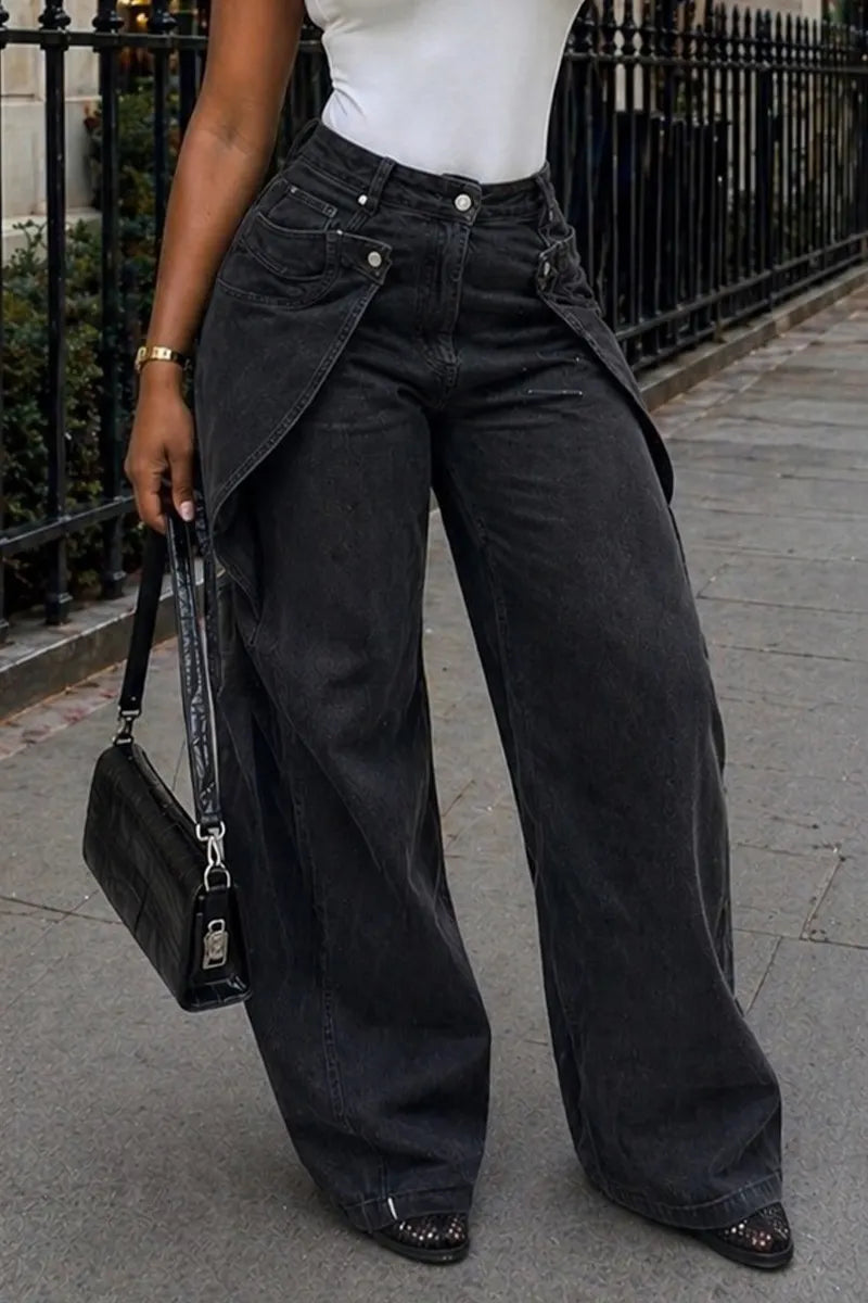 Women Multi Destroyed Frayed Ripped High Waist Wide Leg Floor Length Jeans
