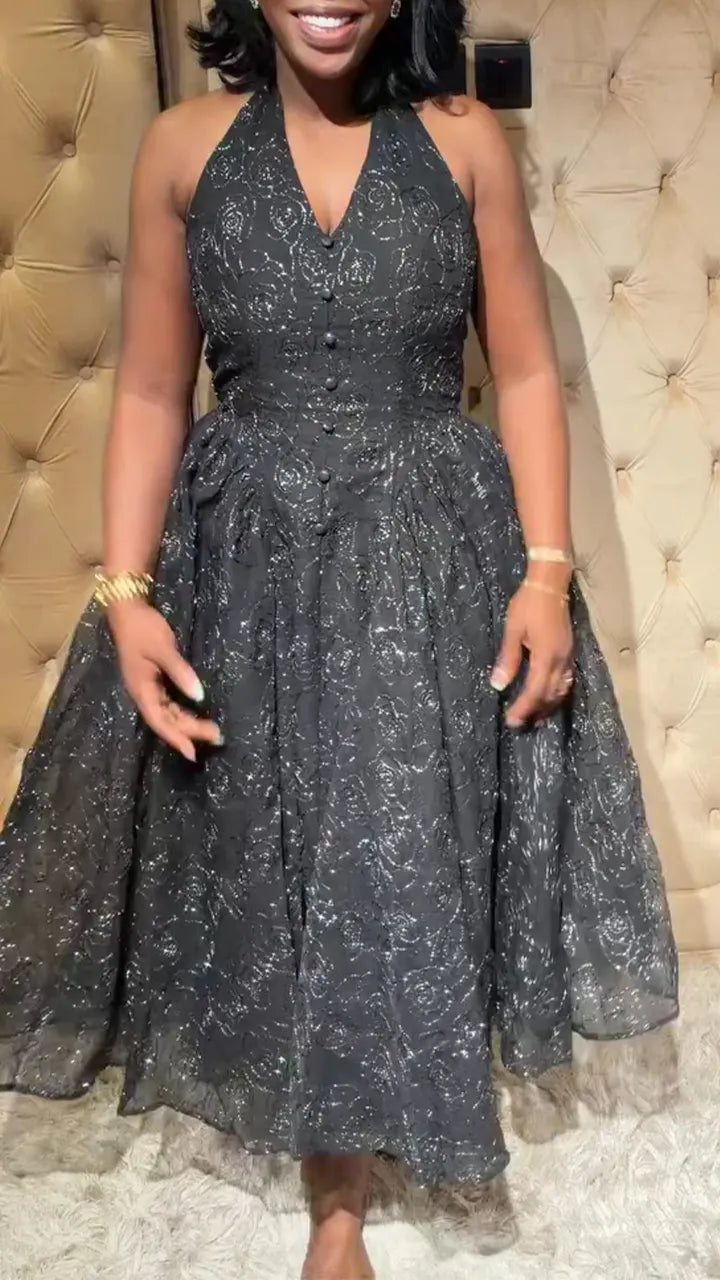 Women Elegant Dress with Hanging Neck and Waist Patterns