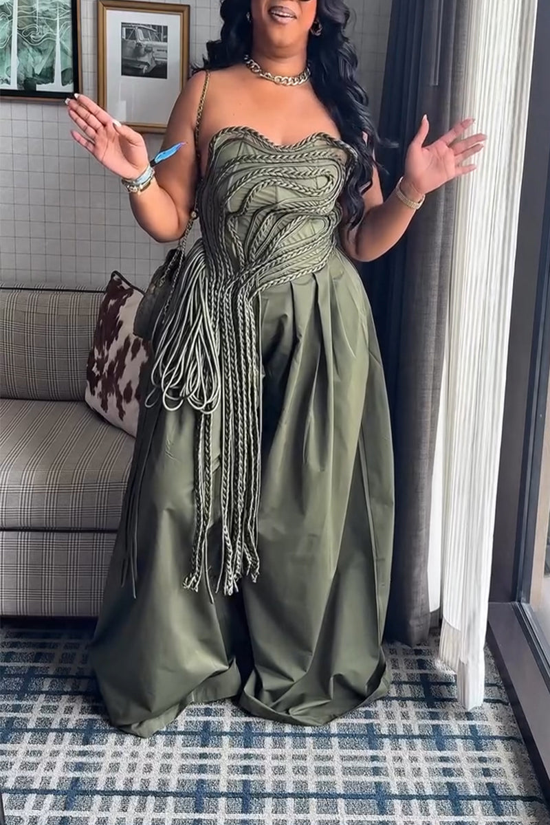 Women's Fashion Woven Decoration Asymmetric Strapless Top or Wide Leg Pants