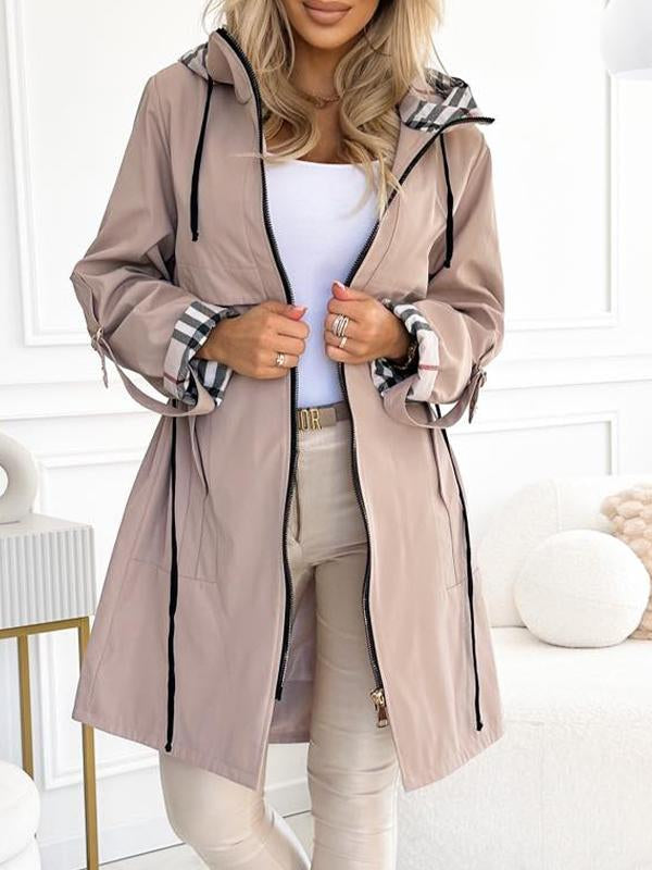 Plaid-Lined Hooded Mid-Length Trench Coat