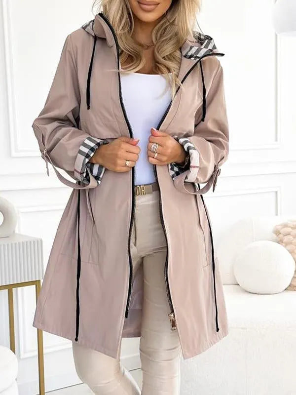 Women's Hooded Zipper Drawstring Plaid Print Casual Long Coat-XS-3XL