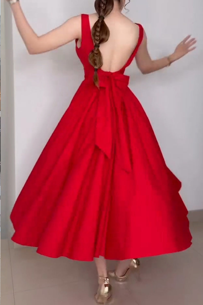Women's Elegant Bow Lace-Up A-Line Midi Dress