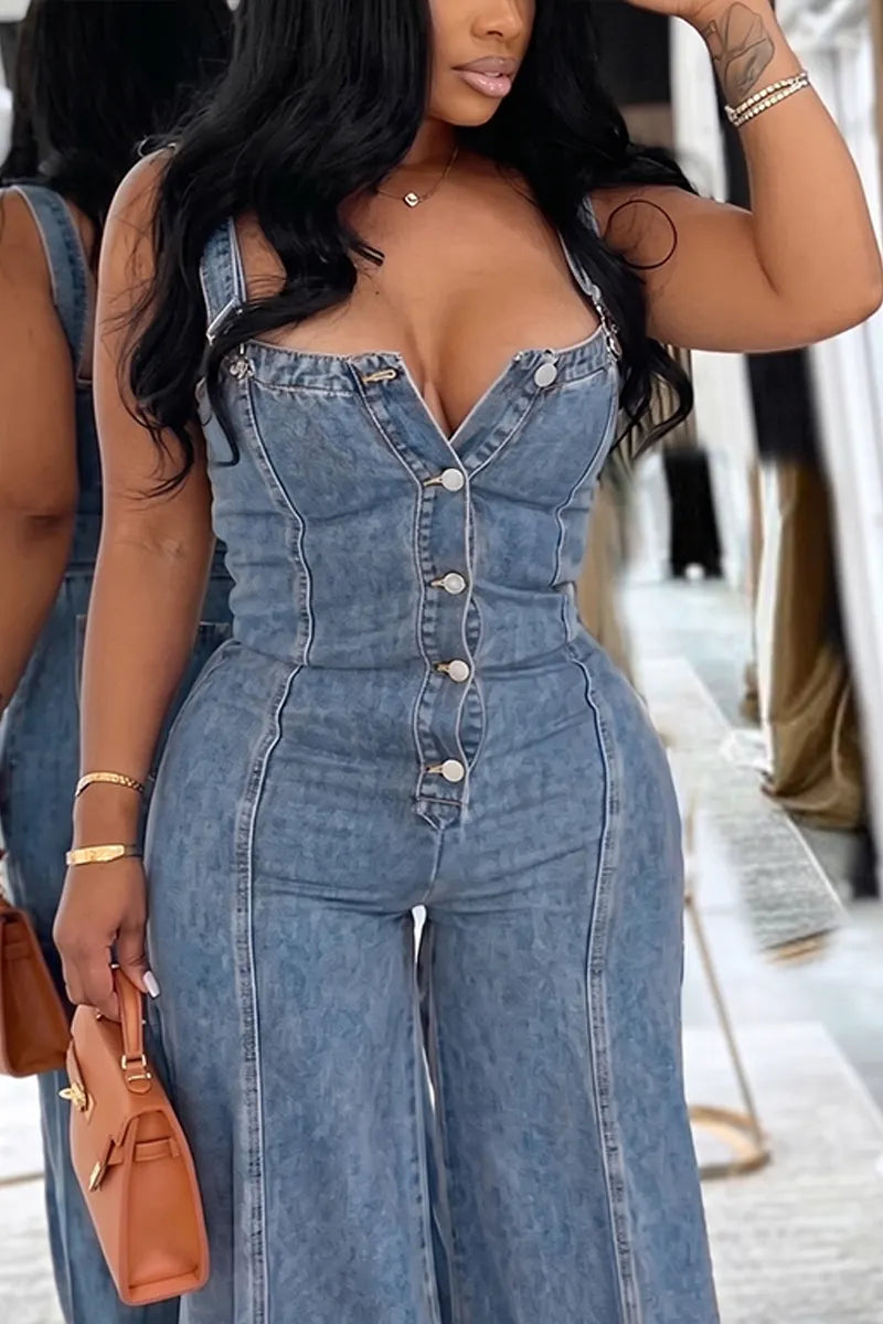 Women's Button-Front Denim Jumpsuit with Corset Top & Wide Leg Pants