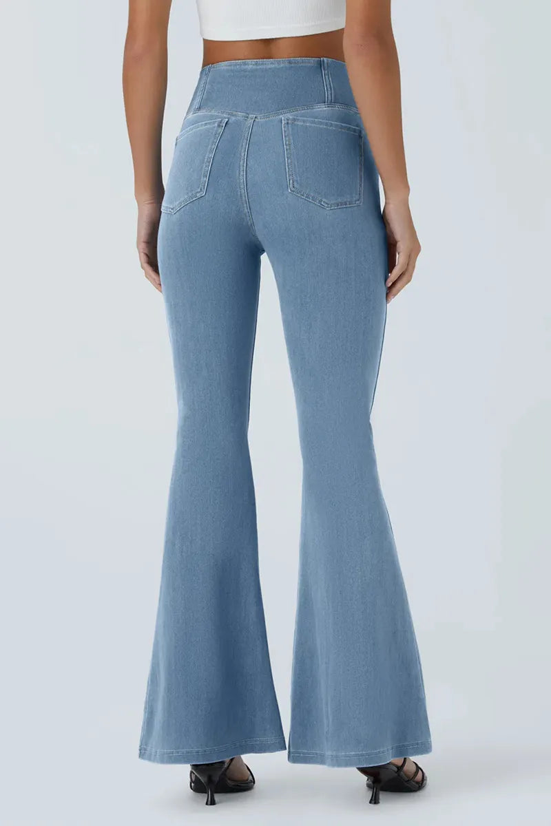 Women's High Waist Cross Over Flared Jeans With Elegant Draping