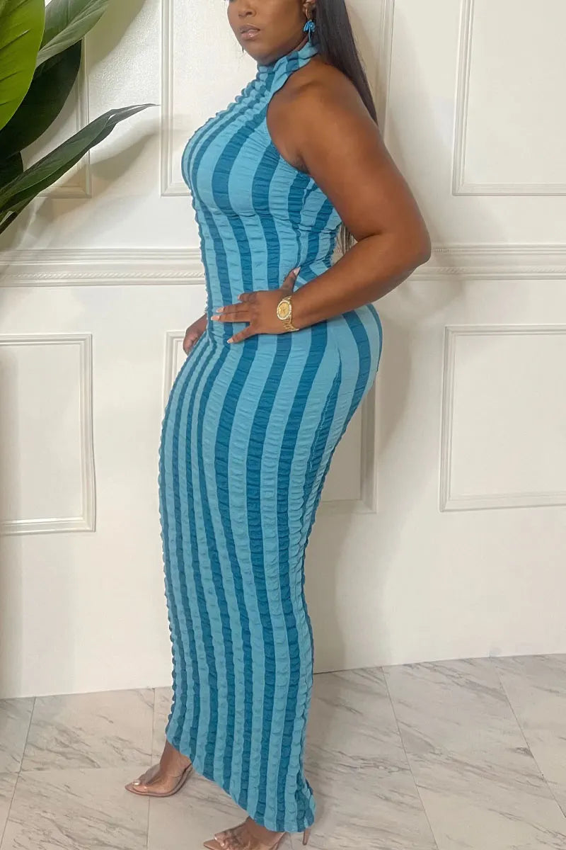 Curvy Women's Stretchy Striped Halter Neck Long Bodycon Dress