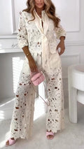 Women Collar Lace Hollow Out Casual Suit