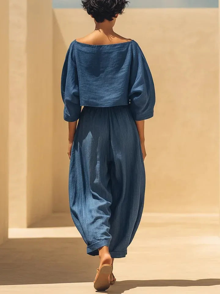 Blue Denim-Like Two-Piece Set: Boat Neck Crop Top & Balloon Pants