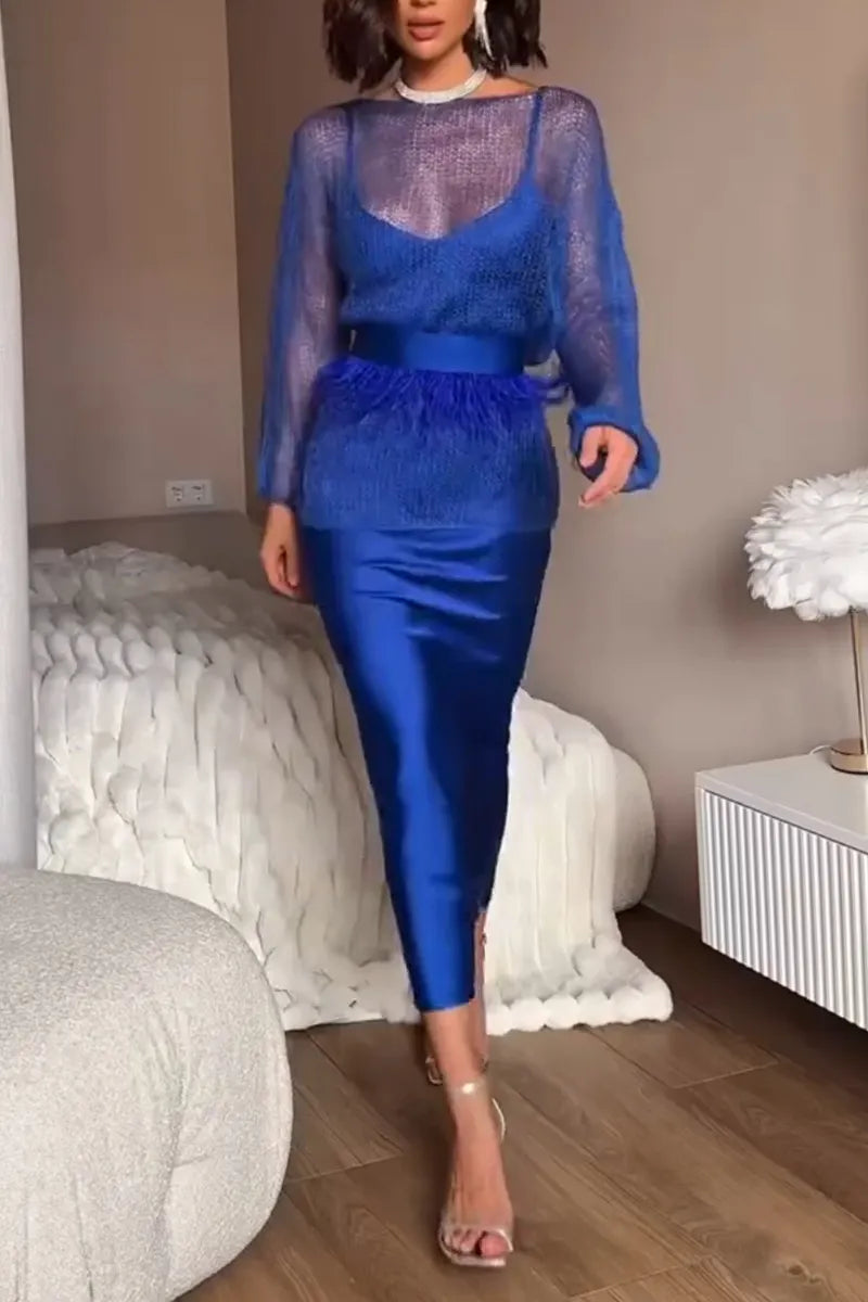 Women's Spaghetti Strap Satin Dress+ Sheer Top Elegant Temperament Set