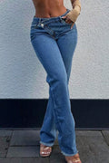 Women's Distressed Asymmetrical Waistband Wide Leg Jeans