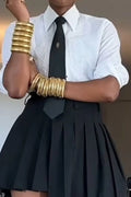 Women's Two Tone Length Asymmetrical Pleated A Line Skirt Or White Lapel Button Down Shirt With Matching Black Tie