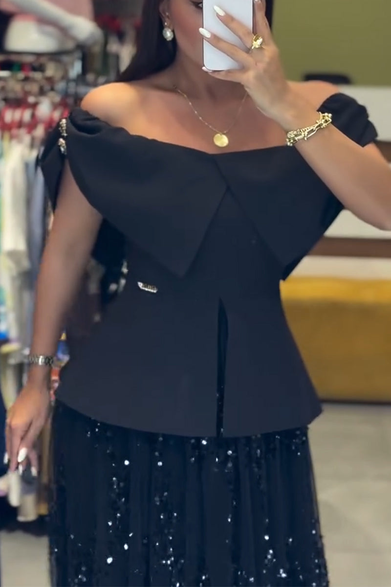 Women's Off Shoulder Waist Patchwork Top or Sequin Patchwork Elegant Half Skirt