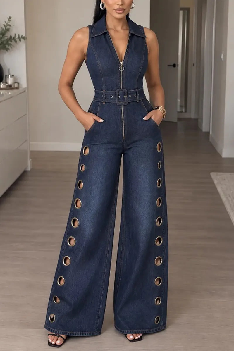 Women's Chic Zip Up Belted Wide Leg Cutout Dark Blue Denim Jumpsuit