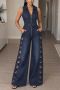 Women's Chic Zip Up Belted Wide Leg Cutout Dark Blue Denim Jumpsuit