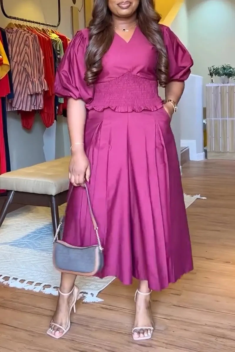 Women V-neck Patchwork Top+ Wide Leg Pants Elegant Casual Set
