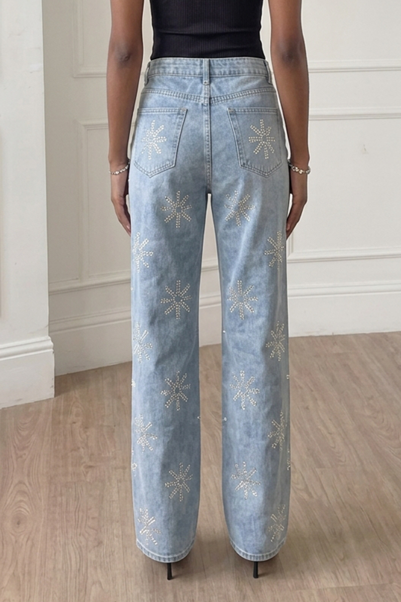 Women's High Waisted Snowflake Embroidered Jeans Light Wash Loose Straight Leg Denim Pants