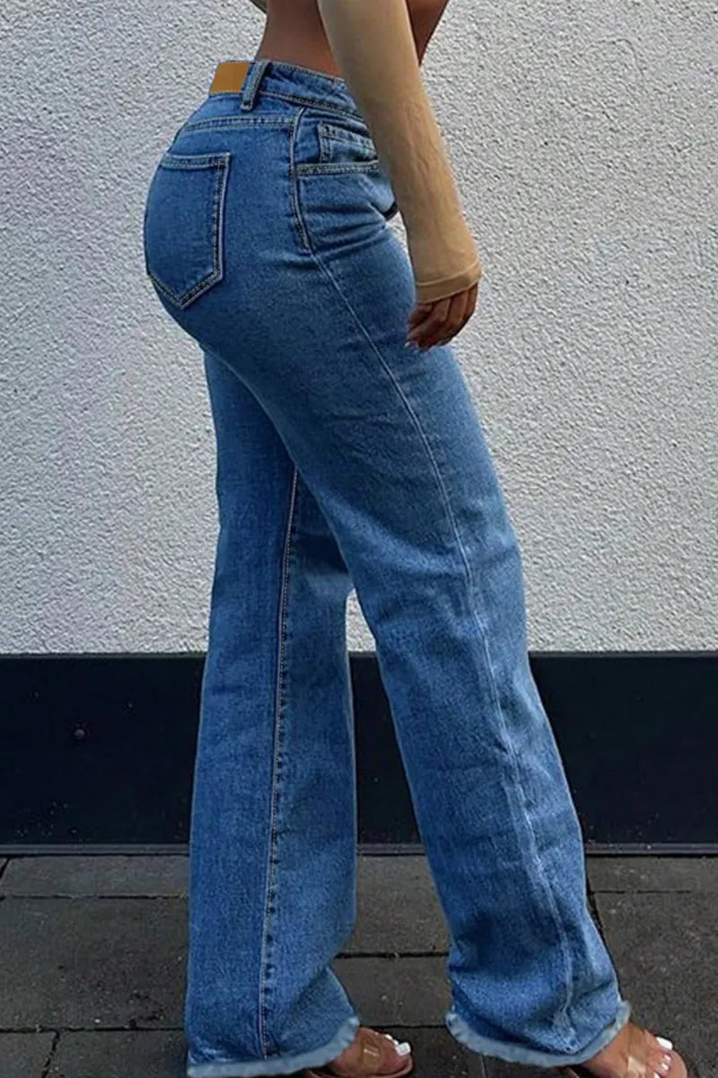 Women's Distressed Asymmetrical Waistband Wide Leg Jeans