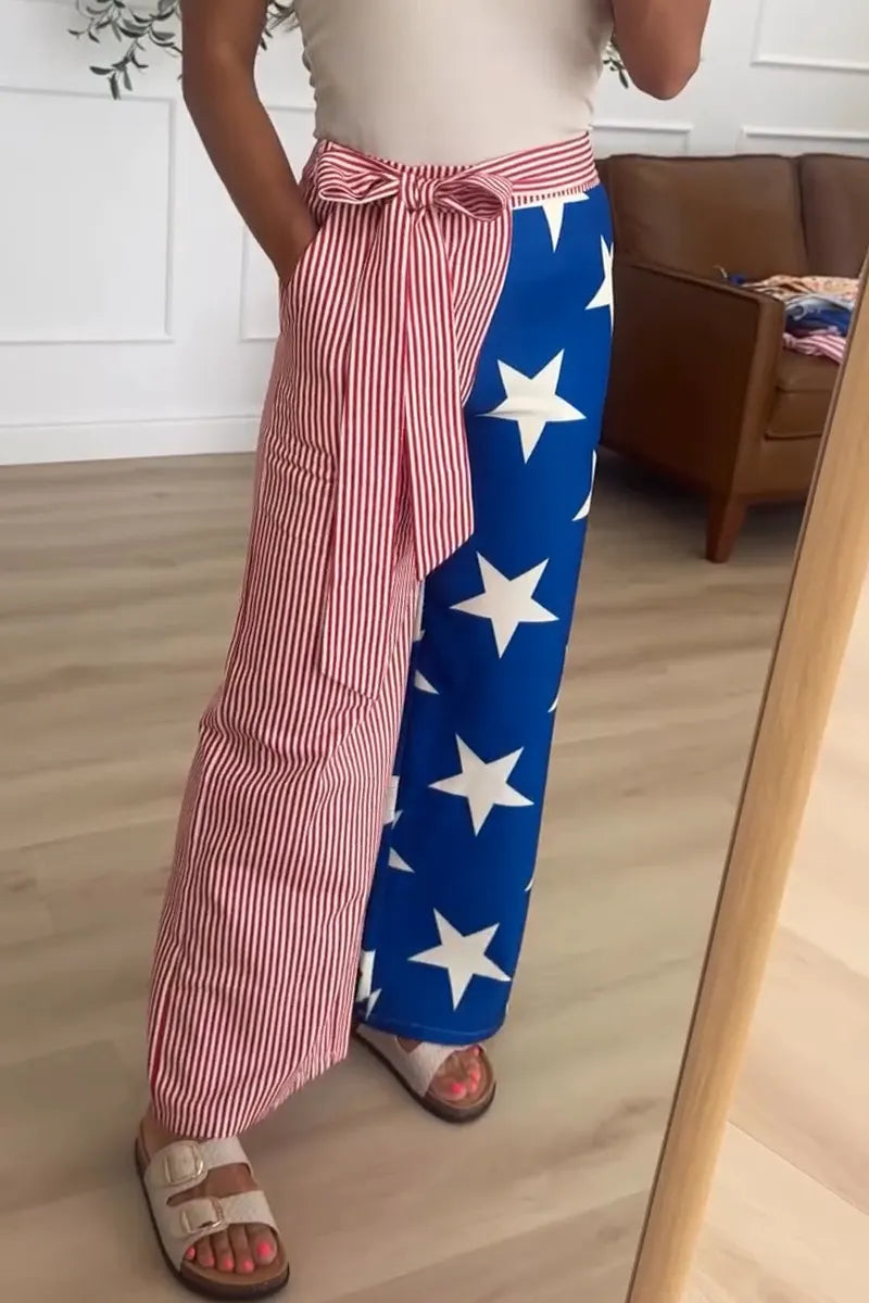 Women Casual Asymmetrical Printed Patchwork Wide Leg Pants