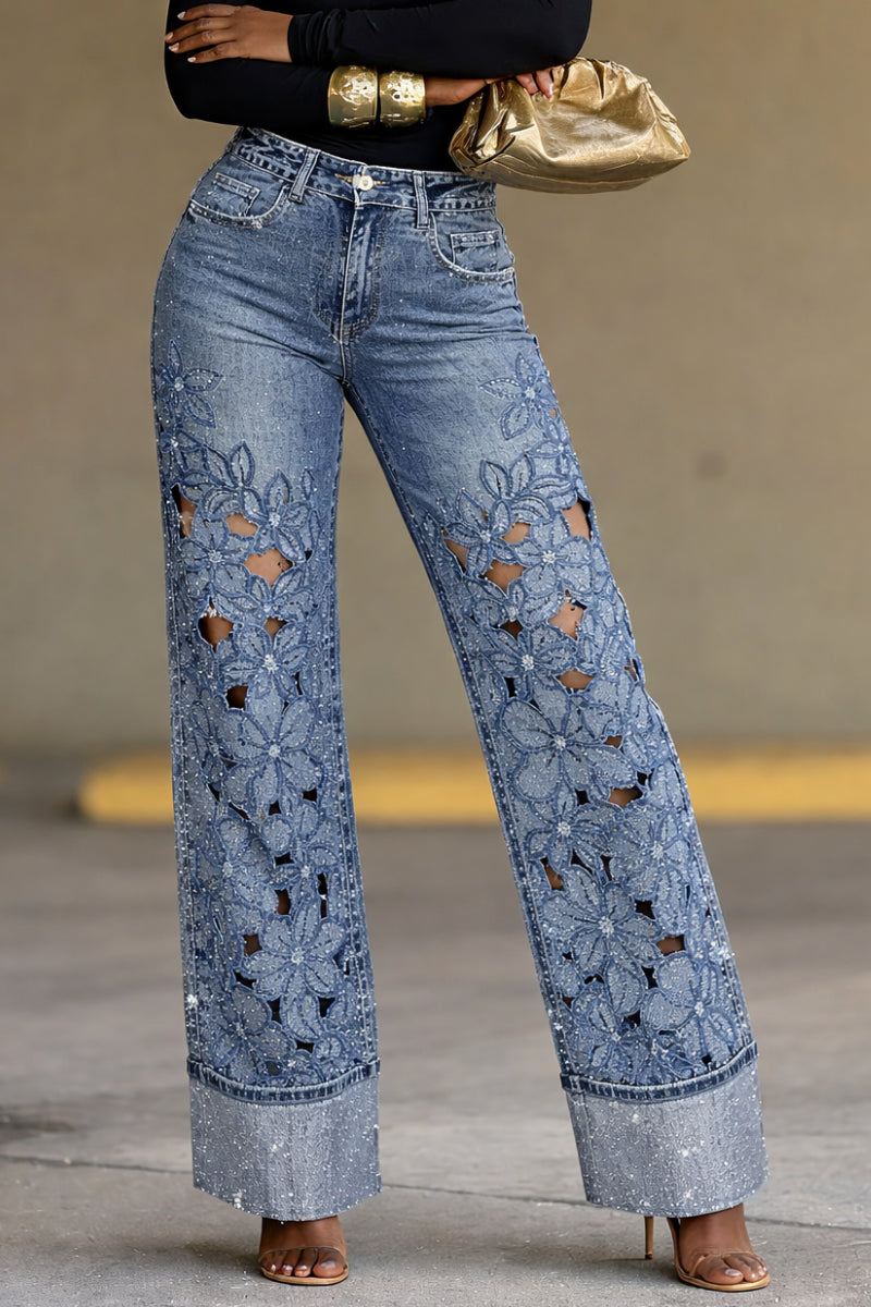 Women's Denim Jeans with Floral Cutouts, Cuffed Hems, and Rhinestone Embellishments
