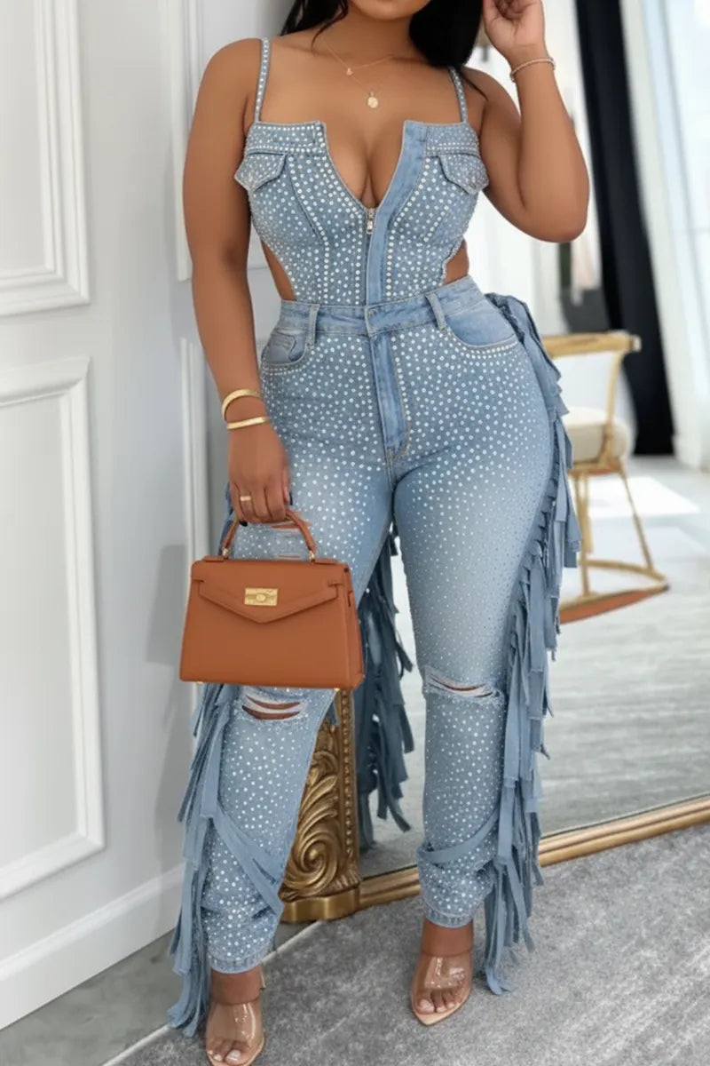 Women's Casual Rhinestone Tassel Suspender Denim Jumpsuit