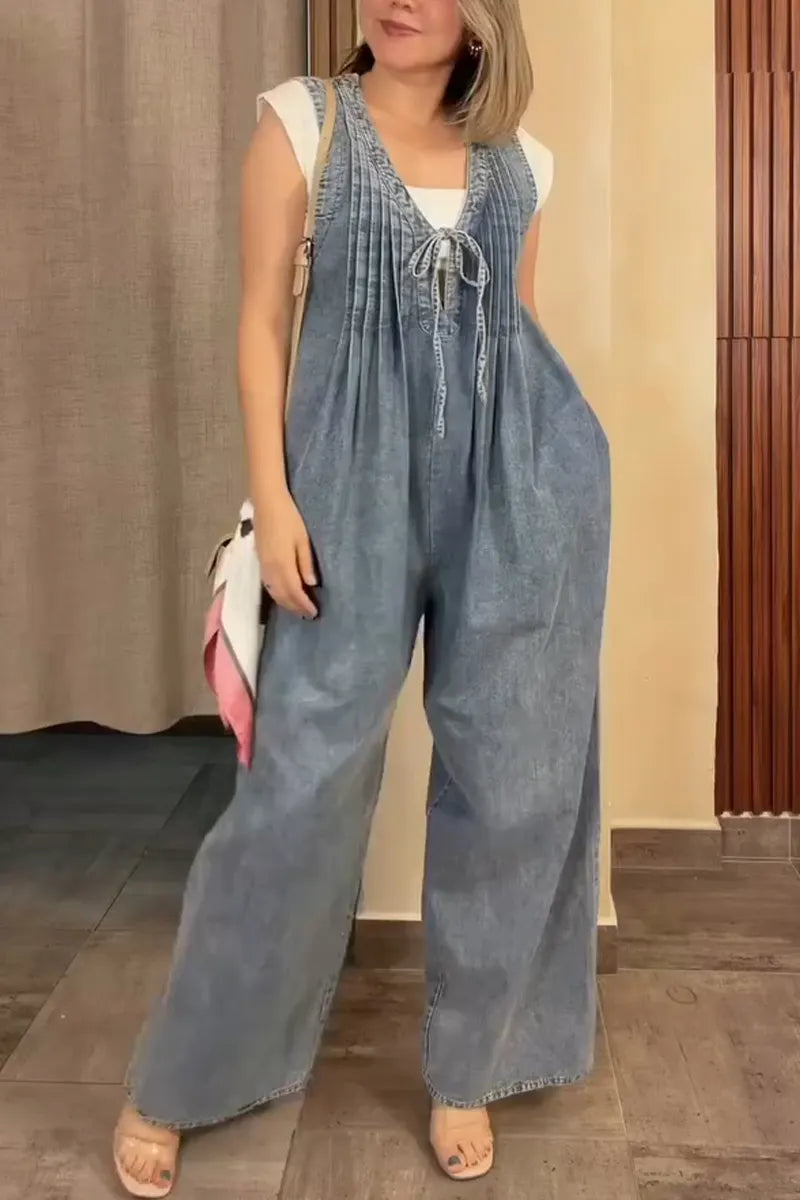 Women's V-neck Wash Water Casual Denim Jumpsuit
