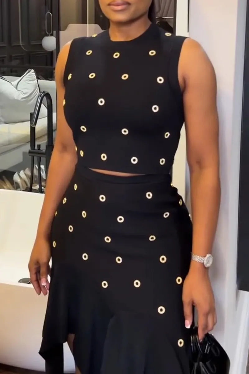 Women's Fashion Metal Cut Out Decoration Top Asymmetric Hem Skirt Two Piece Set