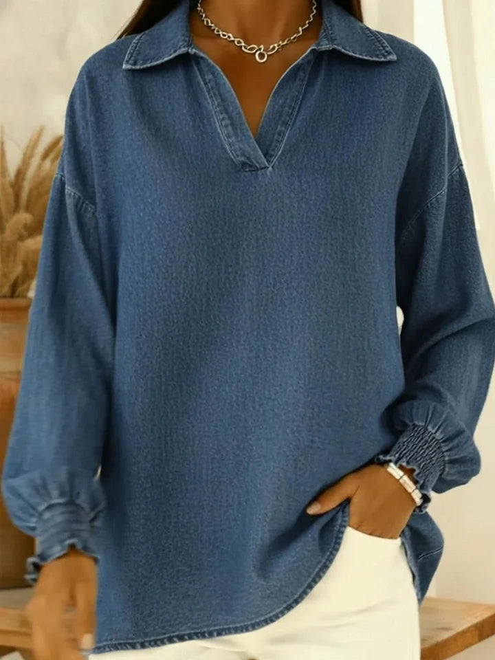 Casual Polo-neck Denim Pullover Shirt