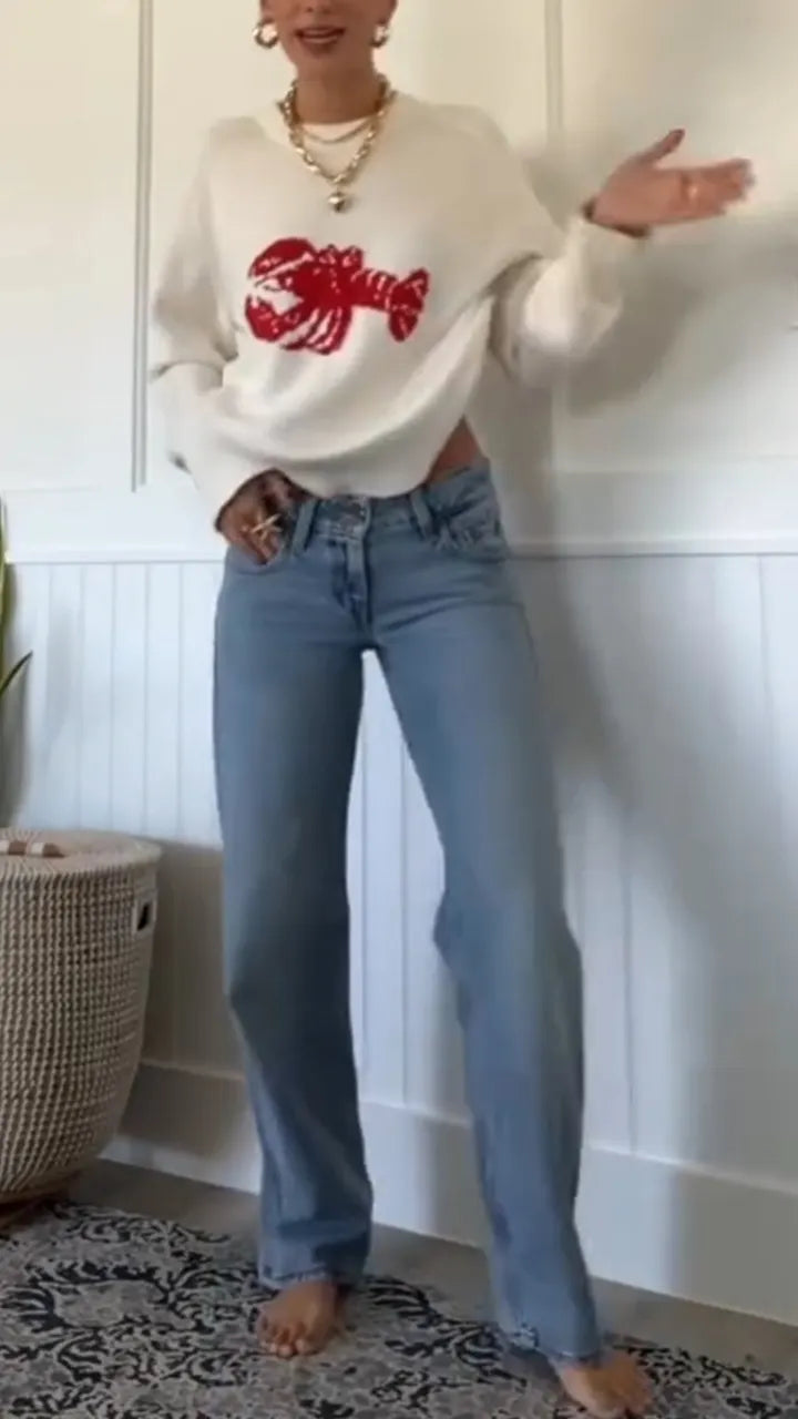 Women Round-neck Printed Top and Jeans Casual Set