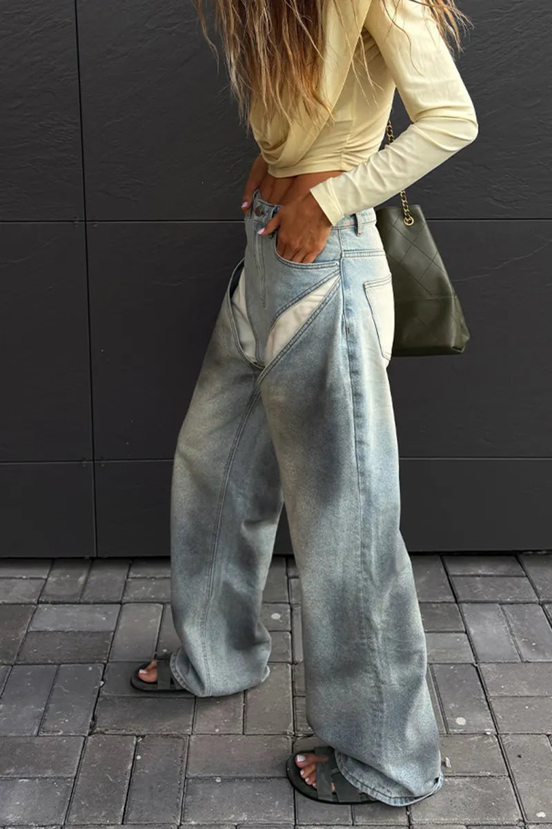 Women's Fashion Cutout Panel Wide Leg Jeans
