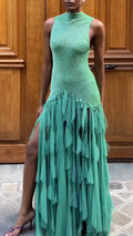 Women Round Neck Sleeveless Patchwork Chiffon Elegant Temperament Dress