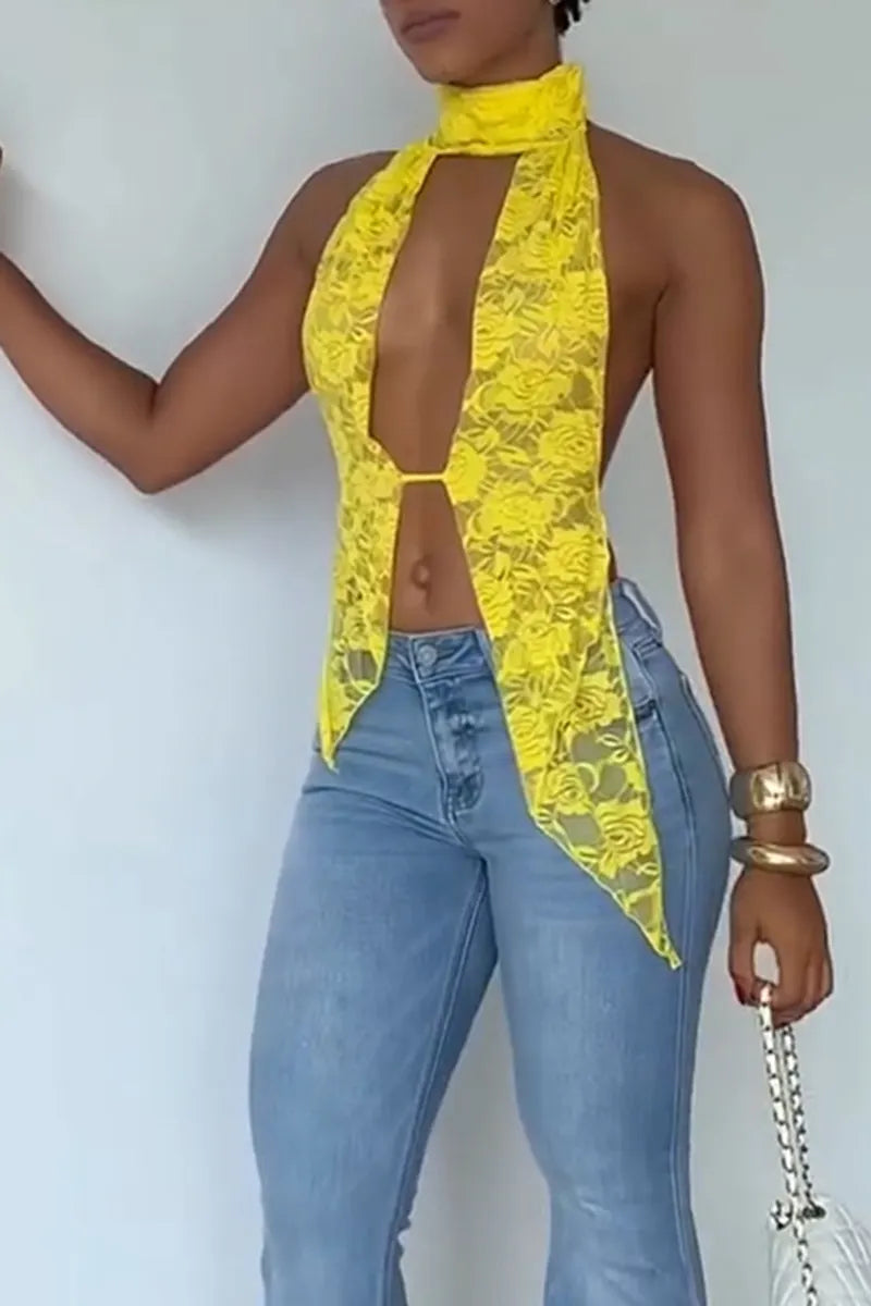 Women's Fashion Lace Backless Vest or Flare Jeans