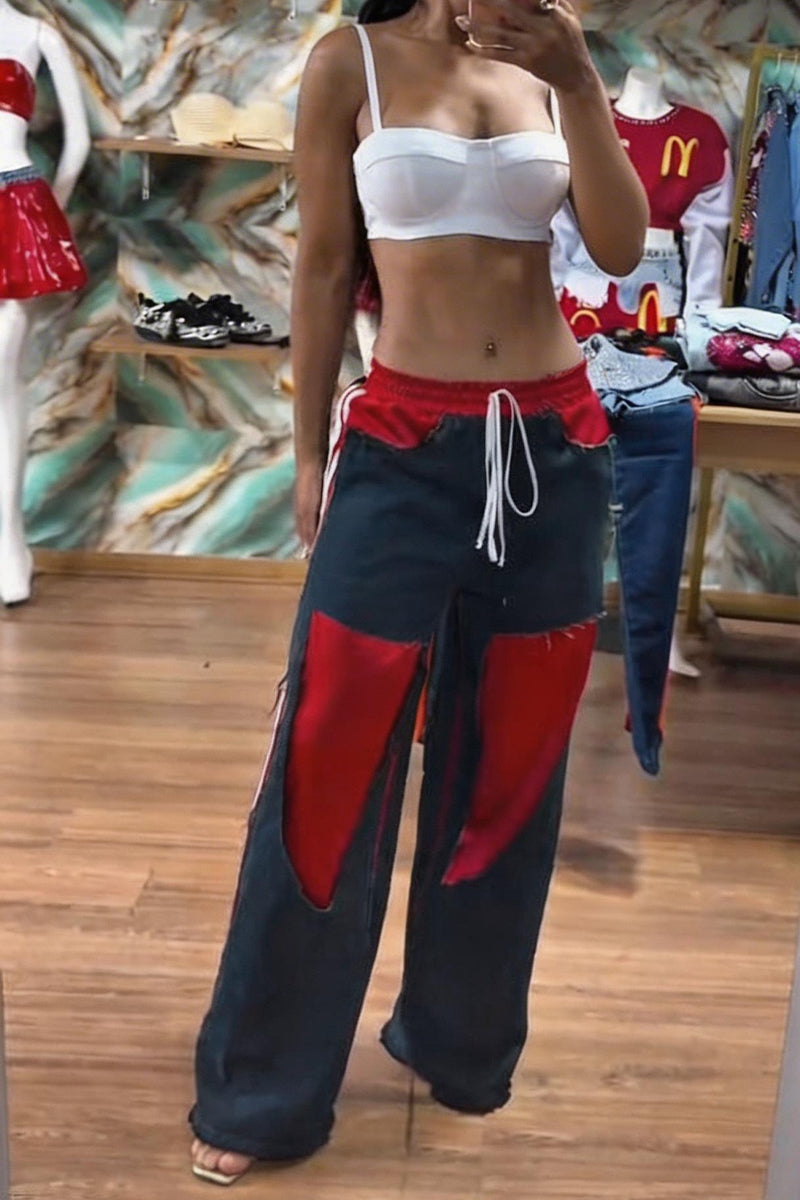 Women's Fashion Stripe Print Fabric Panel Jeans