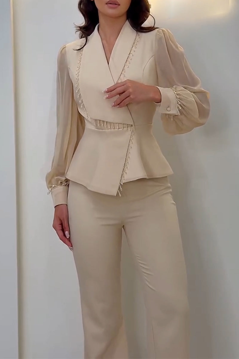 Women's Collar Patchwork Tassel Jacket+ Pants Temperament Commuting Set