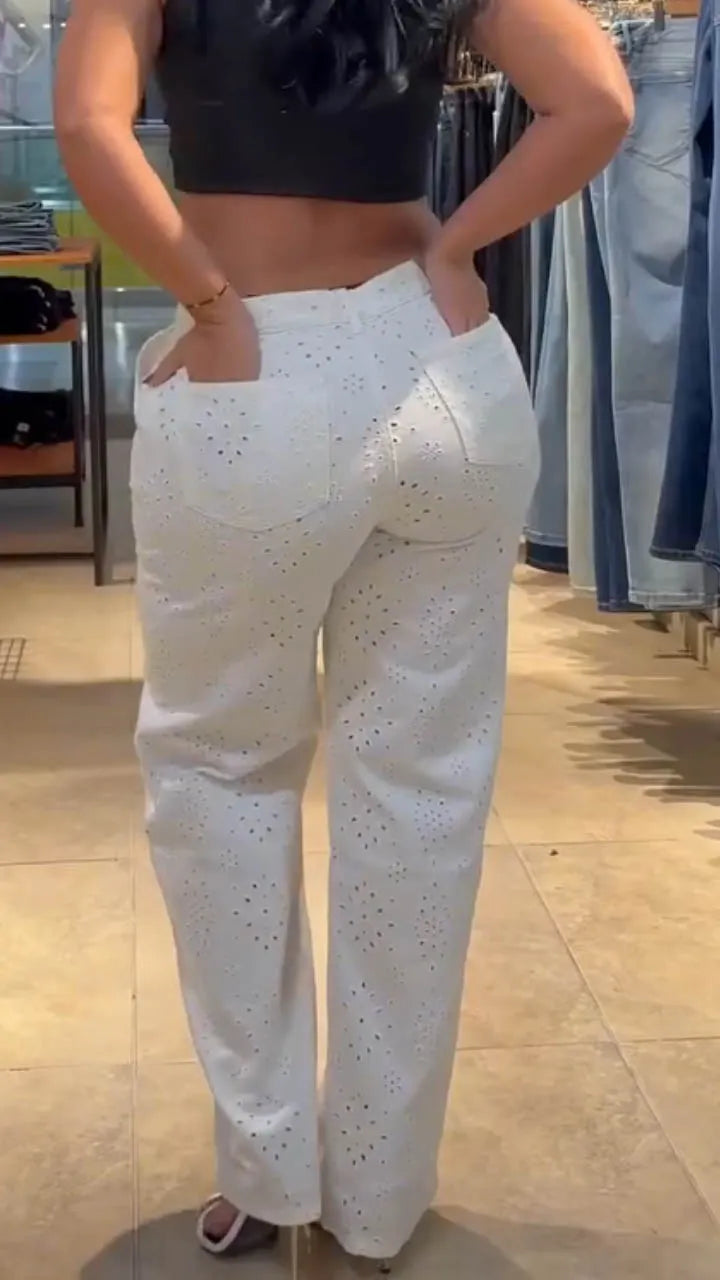 Women Pattern Hollowed Out Casual Pants