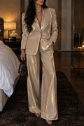 Women's Elegant Notch Lapel Satin Champagne Blazer Wide Leg Pants Set