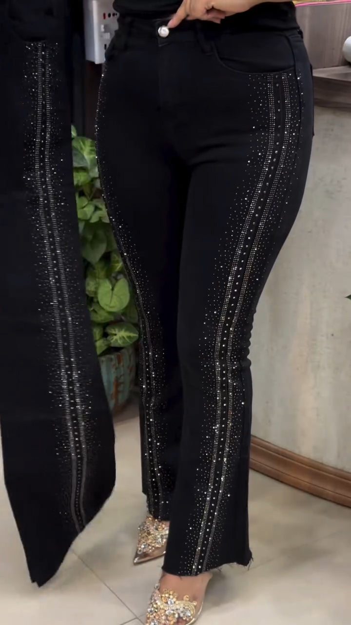 Women's Casual Shiny Rhinestone Straight Jeans