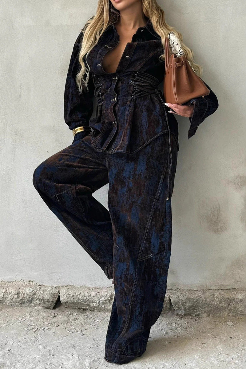 Women's Printed Contrast Lace-Up Denim Jacket And Jeans Sets