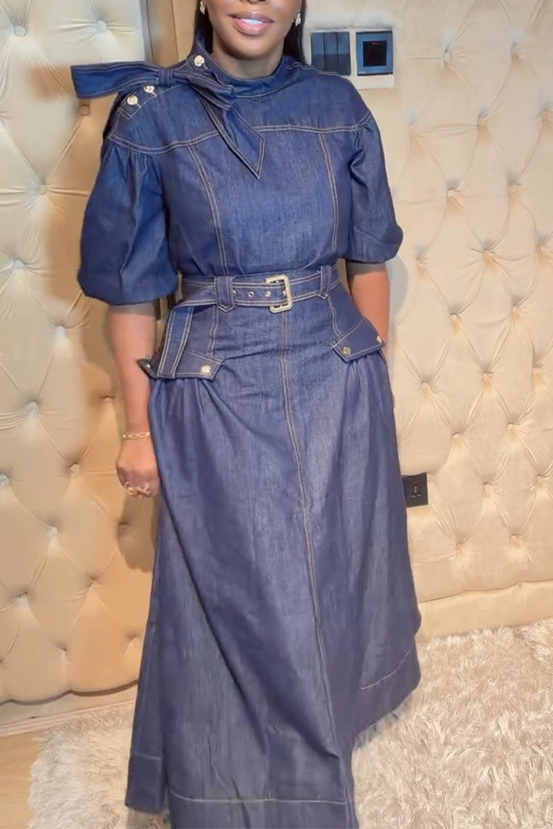 Women's Round Neck Waist Cinched Casual Denim Dress