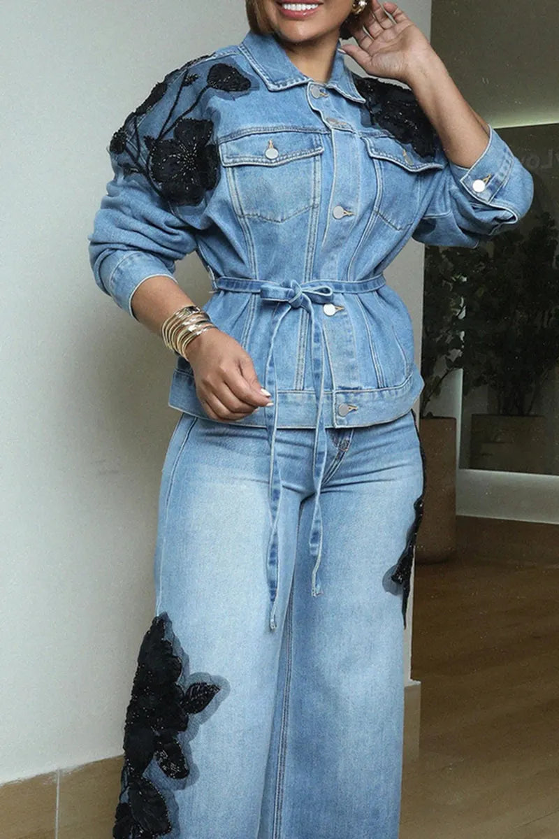Women's Fashion Flower Patch Decoration Denim Jacket or Jeans